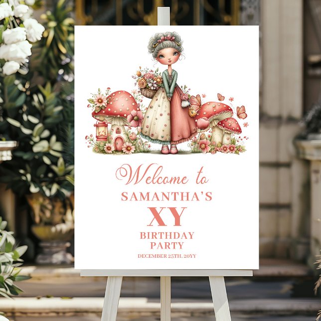 Söt Alva 5-års Födelsedag Rosa Svamp Välkomstskylt Poster (Cute Fairy 5th Birthday Pink Mushroom Welcome Sign)