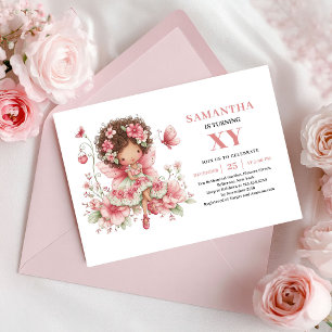 Söt Älva Flicka 2-års Födelsedag Rodnad Blommor In Inbjudningar