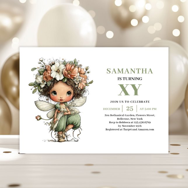 Söt Älva Flicka 2-års Födelsedagsgrönska Blommor Inbjudningar (Cute Fairy Girl 2nd Birthday Greenery Floral Invitation)