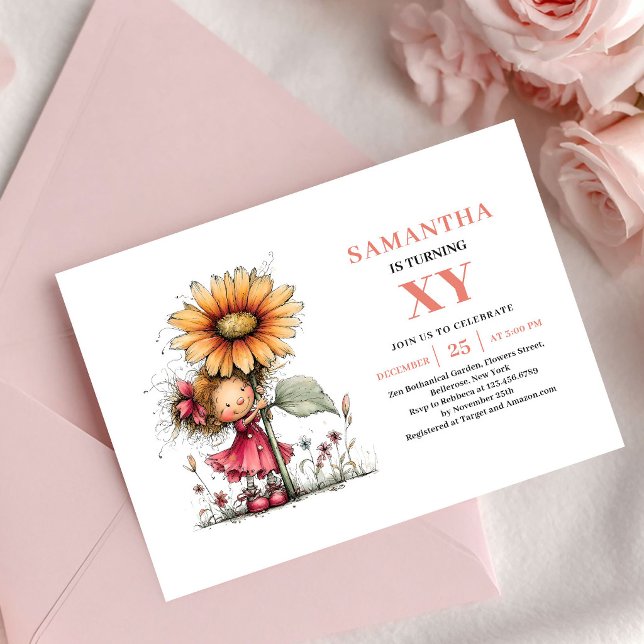 Söt Älva Flicka 3-års Födelsedags Rodnad Blommig i Inbjudningar (Cute Fairy Girl 3rd Birthday Blush Floral invitation)