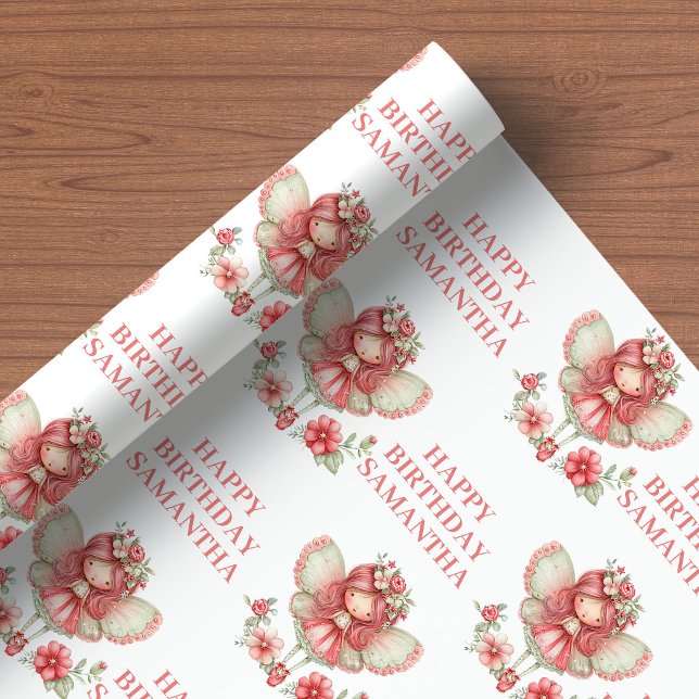 Söt Älva Flicka 5-årsdag Rosa Blommor presentpappe Presentpapper (Cute Fairy Girl 5th Birthday Pink Flowers wrapping paper)