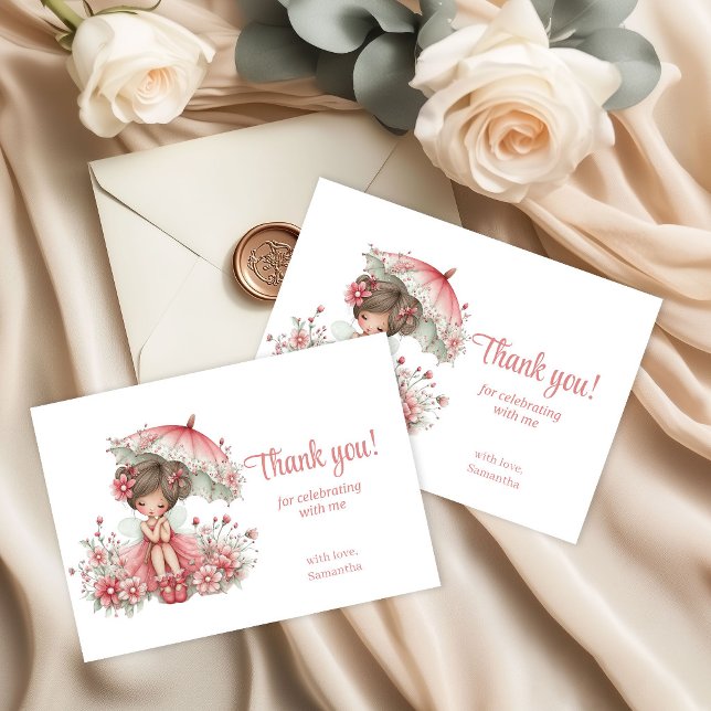 Söt Älva Magisk Blommig 3-års Födelsedagsfest Tack Kort (Cute Fairy Magical Floral 3rd Birthday Party Thank You Card)