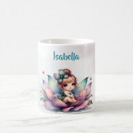 Söt älva som sitter inuti blomma kaffemugg