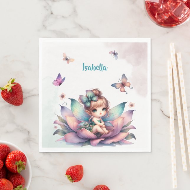 Söt älva som sitter inuti blomma pappersservett (Insitu)