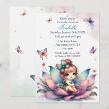 Söt älva som sitter inuti blomman baby shower