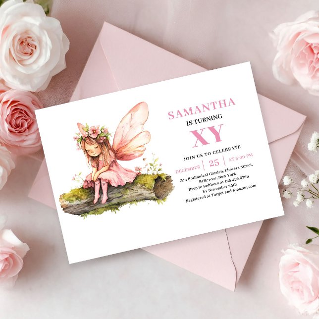 Söt Älvan Flicka 5-årsdag Rosa Blommig Inbjudan (Cute Fairy Girl 5th Birthday Pink Floral invitation)