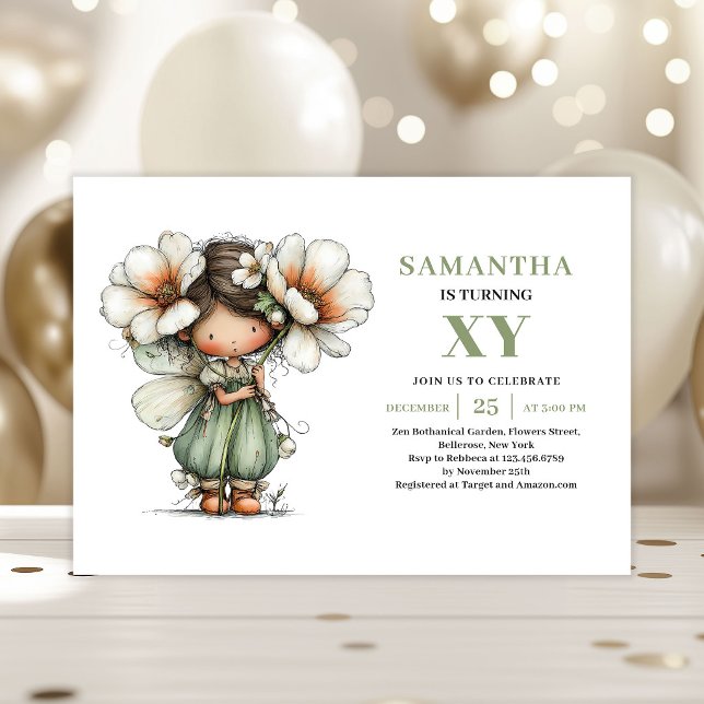 Söt Älvflicka 2-års Födelsedag Sälgrön Inbjudan (Cute Fairy Girl 2nd Birthday Sage Green Invitation)