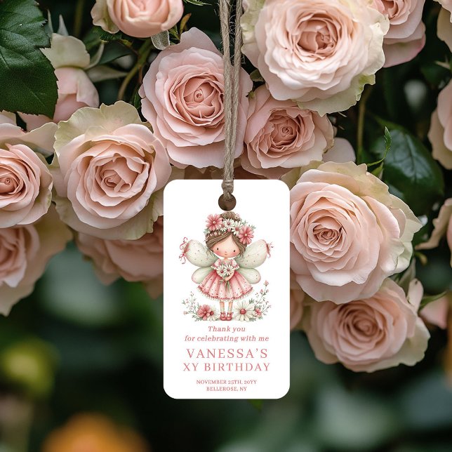 Söt Älvflicka 2-års Födelsedags Blommiga Rosa Pres Presentetikett (Cute Fairy Girl 2nd Birthday Floral Pink Favor Tags)
