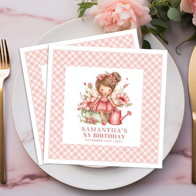 Söt älvflicka 5-års födelsedag Rodnad Blommig serv Pappersservett (Cute Fairy Girl 5th Birthday Blush Floral napkins)