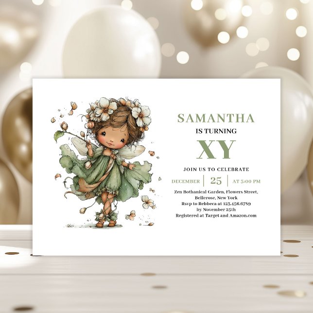 Söt Älvflicka Födelsedag Sälja Grön Inbjudan (Cute Fairy Girl Birthday Sage Green Invitation)