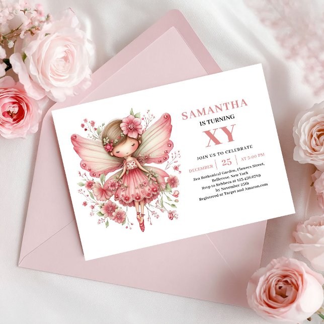Söt Älvflicka Födelsedags Blommig Rosa Inbjudan (Cute Fairy Girl Birthday Floral Pink Invitation)