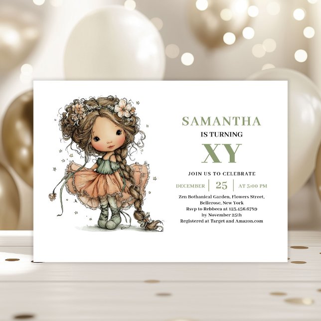 Söt Älvflicka Födelsedags Blommig Salvia Inbjudan (Cute Fairy Girl Birthday Floral Sage Invitation)