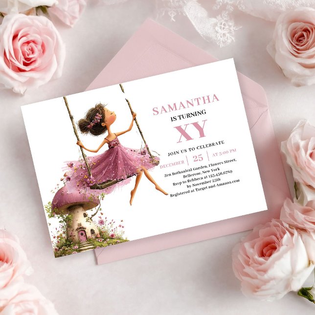 Söt älvflicka födelsedagsinbjudan dammig rosa inbjudningar (Cute Fairy Girl Birthday Dusty Pink invitation)