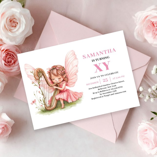 Söt älvflicka födelsedagsinbjudan i rosa blommönst inbjudningar (Cute Fairy Girl Birthday Floral Pink invitation)