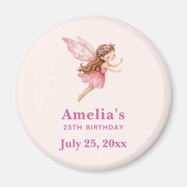 Söt älvflicka i rosa klänning födelsedagsfest magnet (Framsidan)