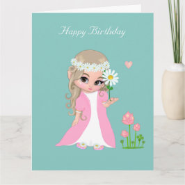 Söt älvflicka med blomma på ljusblå födelsedag kort