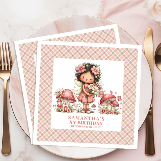 Söt Älvträdgård Födelsedagsinbjudan Rosa Blommor Pappersservett (Cute Fairy Garden Birthday Invitation Pink Floral Invite)