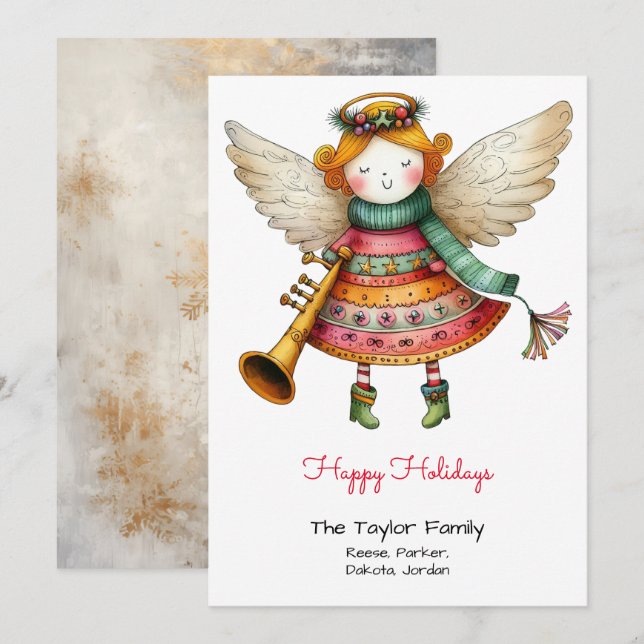 Söt ängel Whimsical illustration Röd Glad  Julkort (Fram/baksida)