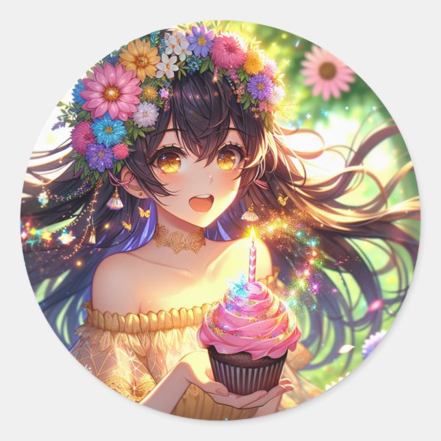 Söt Anime Birthday Girl Runt Klistermärke (Framsida)