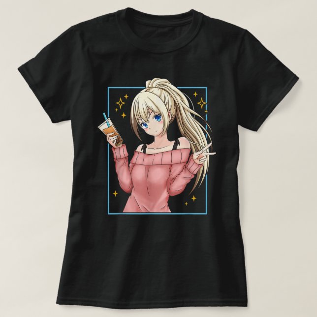 Söt Anime Flick Bubble Tea Konst T Shirt (Design framsida)