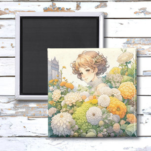 Söt Anime-flicka i gula och vita blommor Magnet