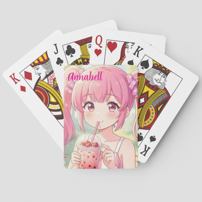 Söt Anime-flicka i rosa dricker bubbel-te Casinokort (Baksidan)