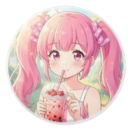 Söt Anime-flicka i rosa dricker bubbel-te Knopp