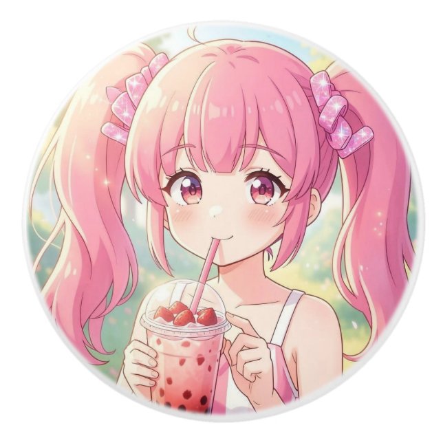 Söt Anime-flicka i rosa dricker bubbel-te Knopp (Framsidan)