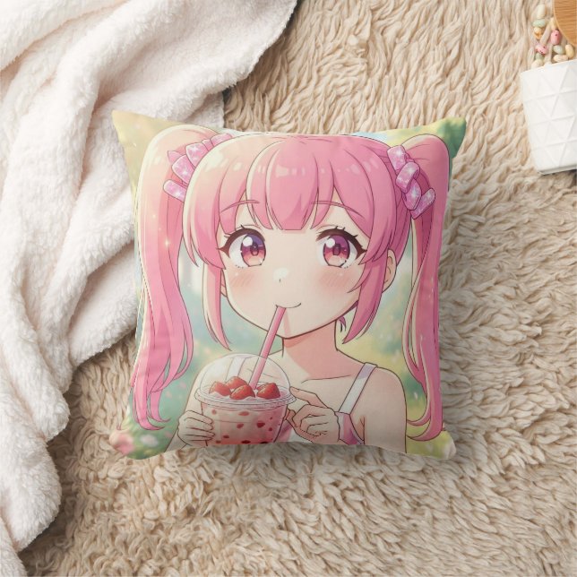 Söt Anime-flicka i rosa dricker bubbel-te Kudde (Filt)