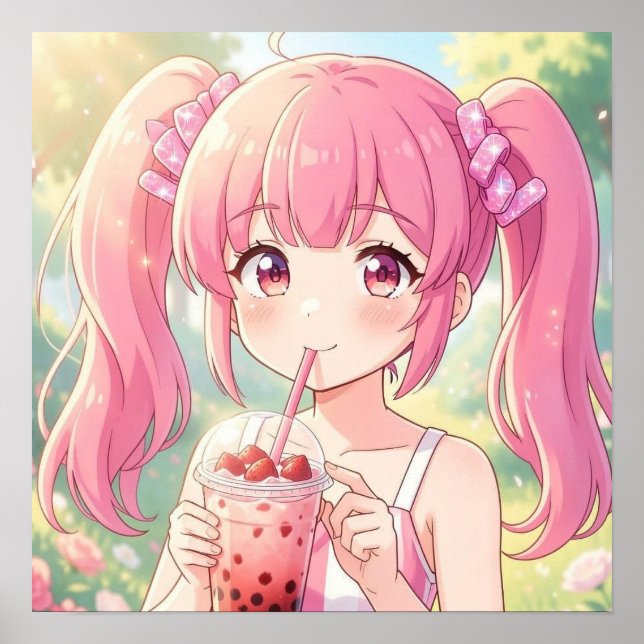 Söt Anime-flicka i rosa dricker bubbel-te Poster (Framsidan)
