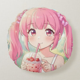 Söt Anime-flicka i rosa dricker bubbel-te Rund Kudde