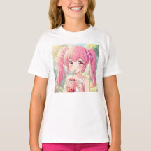 Söt Anime-flicka i rosa dricker bubbel-te