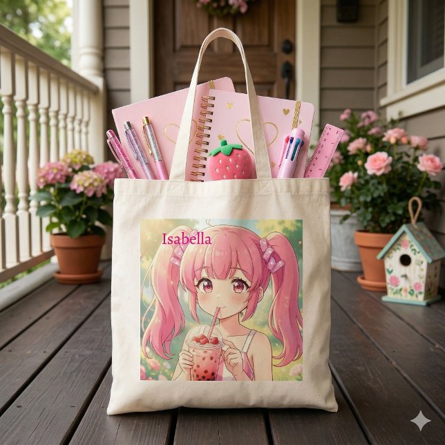 Söt Anime-flicka i rosa dricker bubbel-te Tygkasse (Skapare uppladdad)