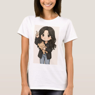 Söt Anime-flicka med teddybjörn fredstecken T-shir T Shirt