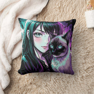 Söt Anime-flicka och siamesisk katt Kudde