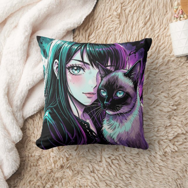 Söt Anime-flicka och siamesisk katt Kudde (Filt)
