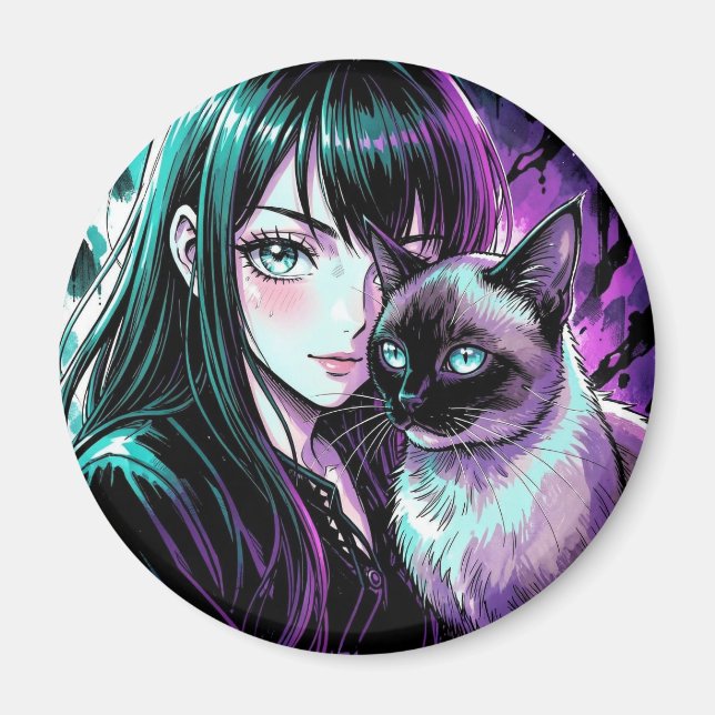 Söt Anime-flicka och siamesisk katt Magnet (Framsidan)