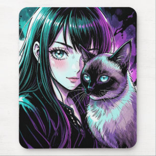 Söt Anime-flicka och siameskatt Musmatta