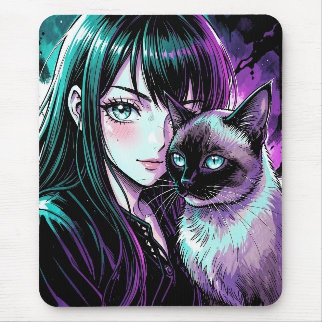 Söt Anime-flicka och siameskatt Musmatta (Framsidan)
