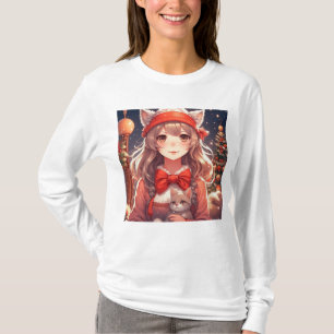 Söt Anime-flicka som håller kattunge jul T Shirt