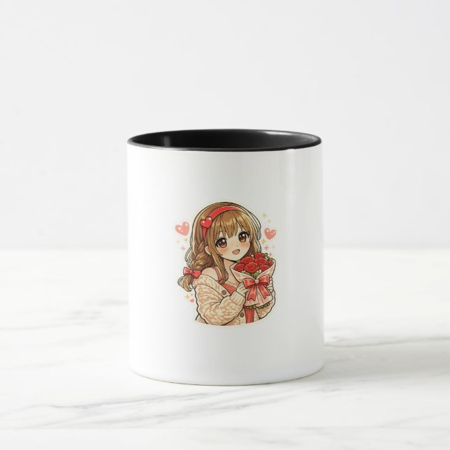 Söt Anime Flicka som Håller Röda Rosor Kaffe Mugg  (Center)