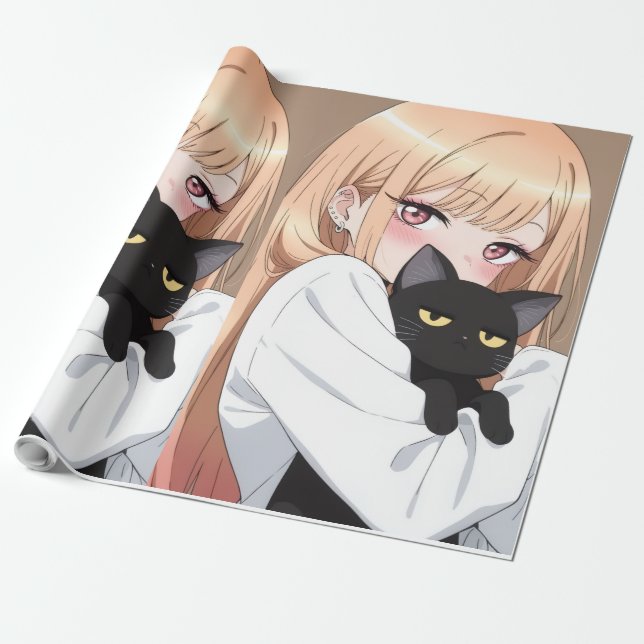 Söt Anime Flickan Kramar Svart Katt Presentpapper  (Utrullad)