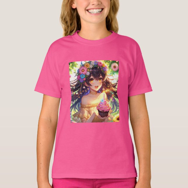 Söt Anime Girl Birthday T Shirt (Framsida)