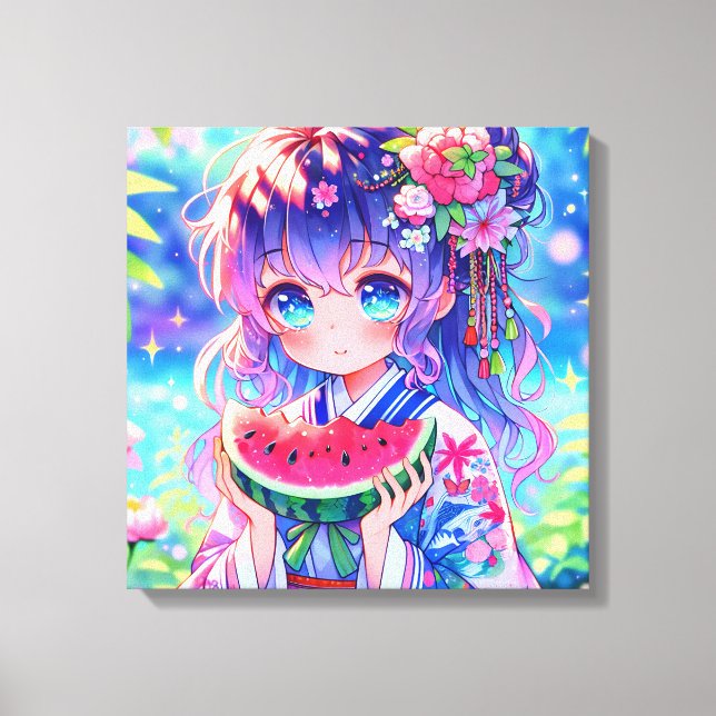 Söt Anime Girl Eating Watermelon Canvastryck (Framsida)