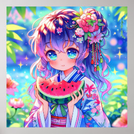Söt Anime Girl Eating Watermelon Poster