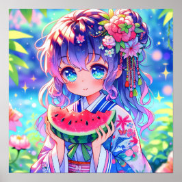 Söt Anime Girl Eating Watermelon Poster