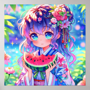 Söt Anime Girl Eating Watermelon Poster
