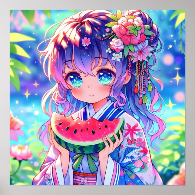 Söt Anime Girl Eating Watermelon Poster (Framsidan)