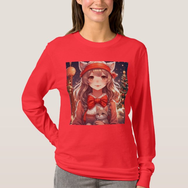 Söt Anime Girl Holding Kitten jul T Shirt (Framsida)