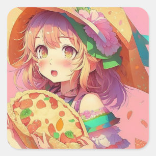 Söt Anime Girl Holding Pizza Fyrkantigt Klistermärke